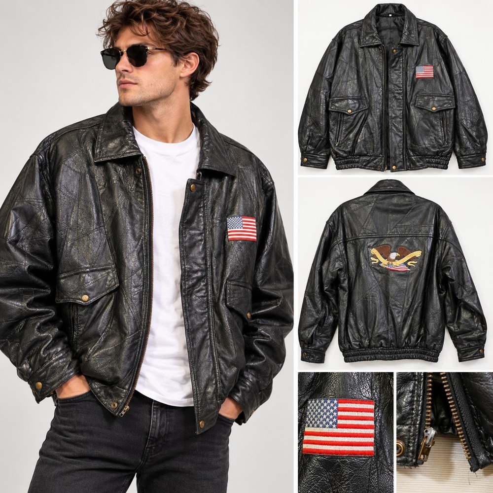 Vintage Genuine Leather Bomber Jacket L USA Flag Eagle Americana Black